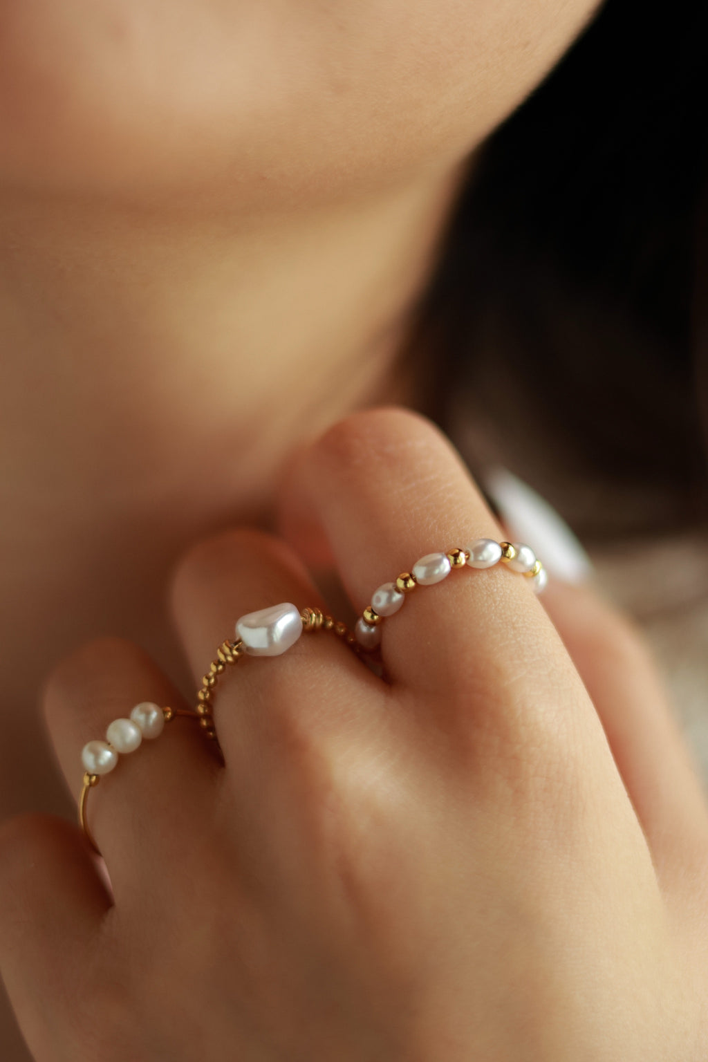Dainty Gold Beaded Pearl Ring