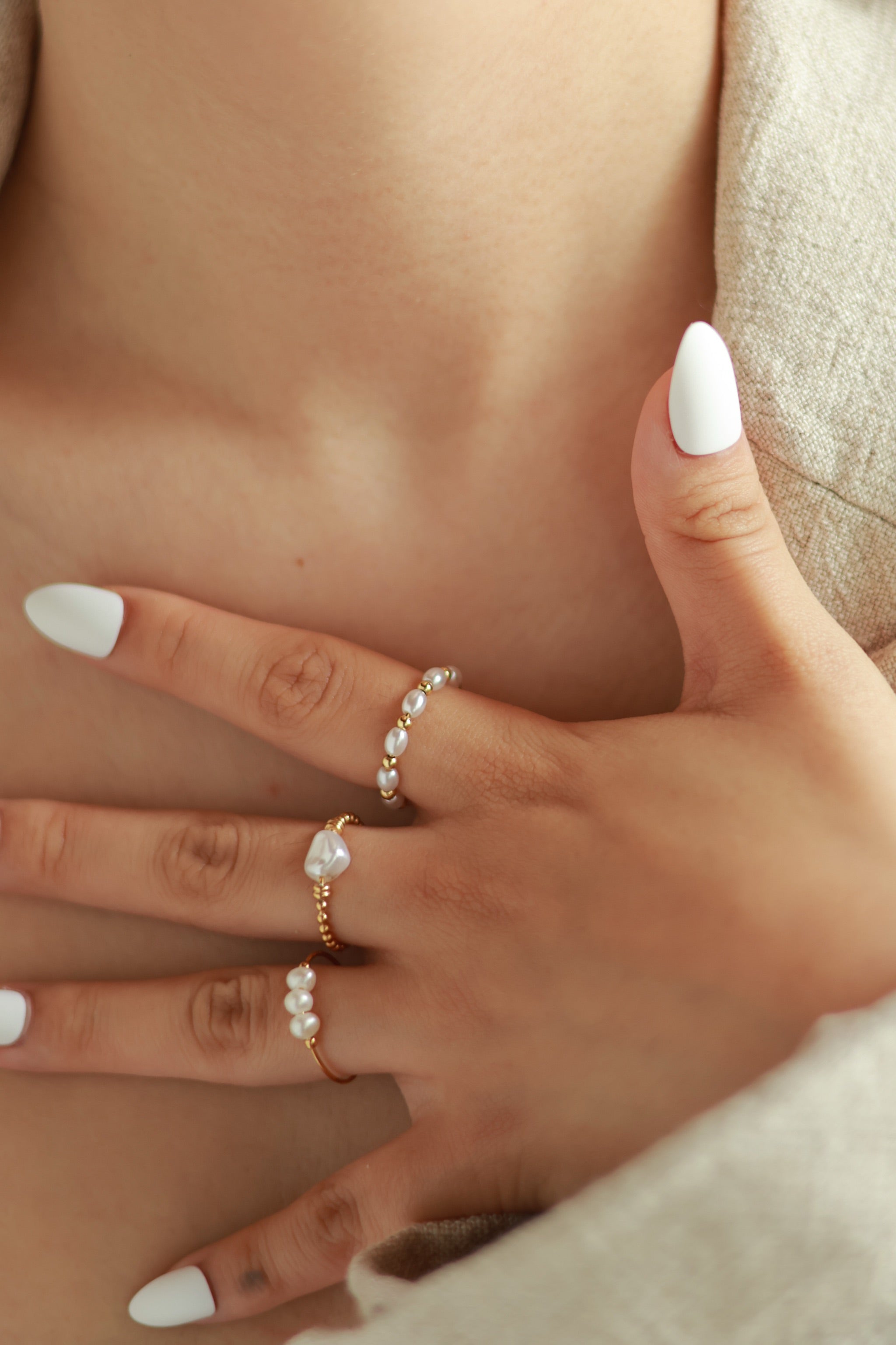 Dainty Gold Beaded Pearl Ring