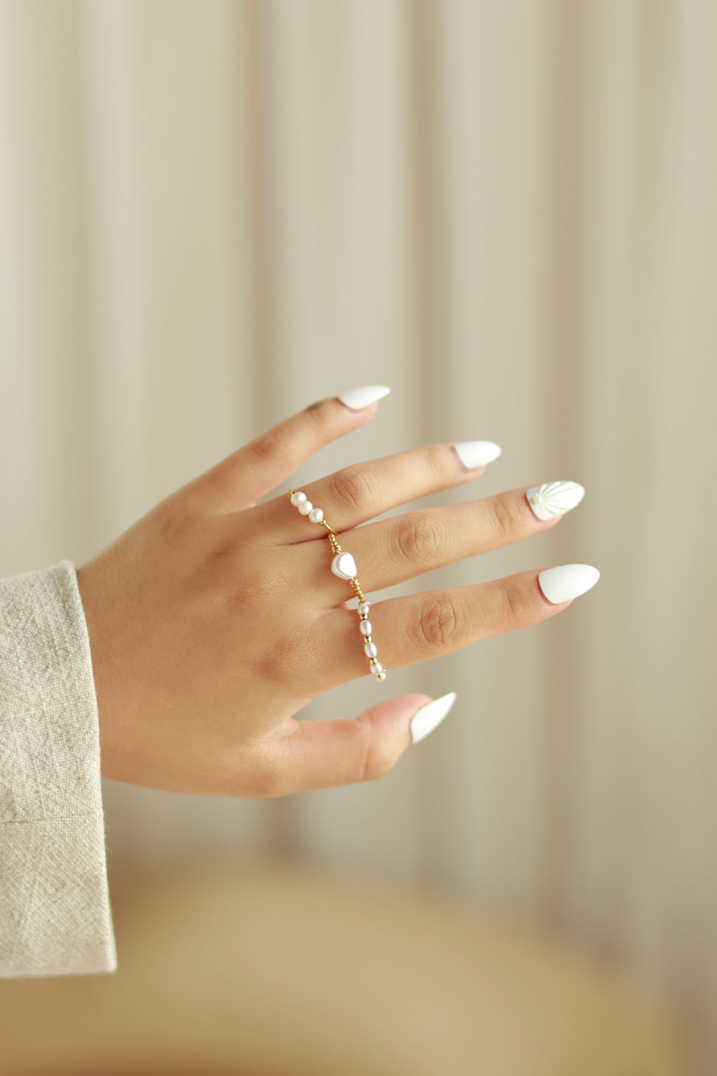 Dainty Gold Beaded Pearl Ring