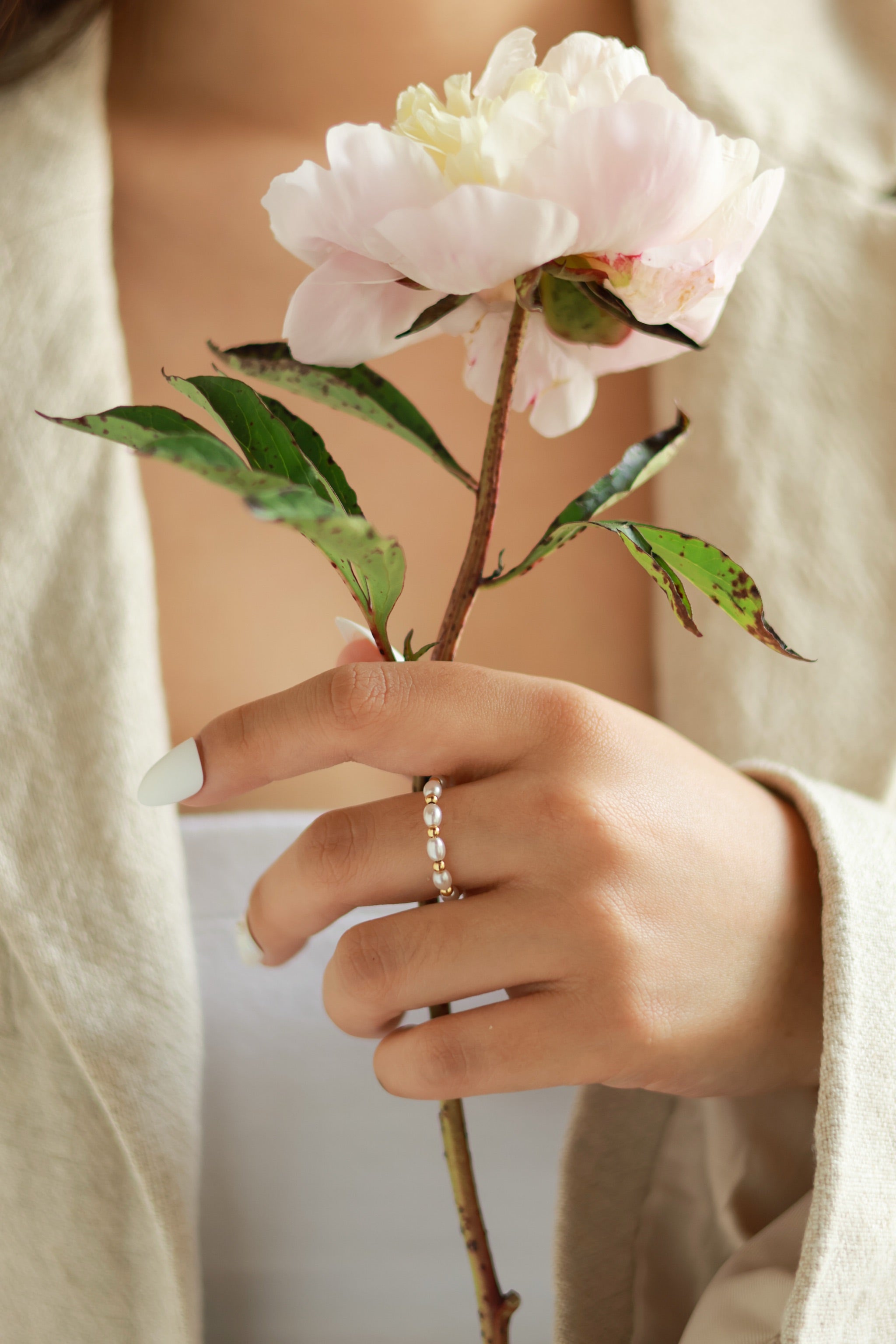 Dainty Gold Beaded Pearl Ring
