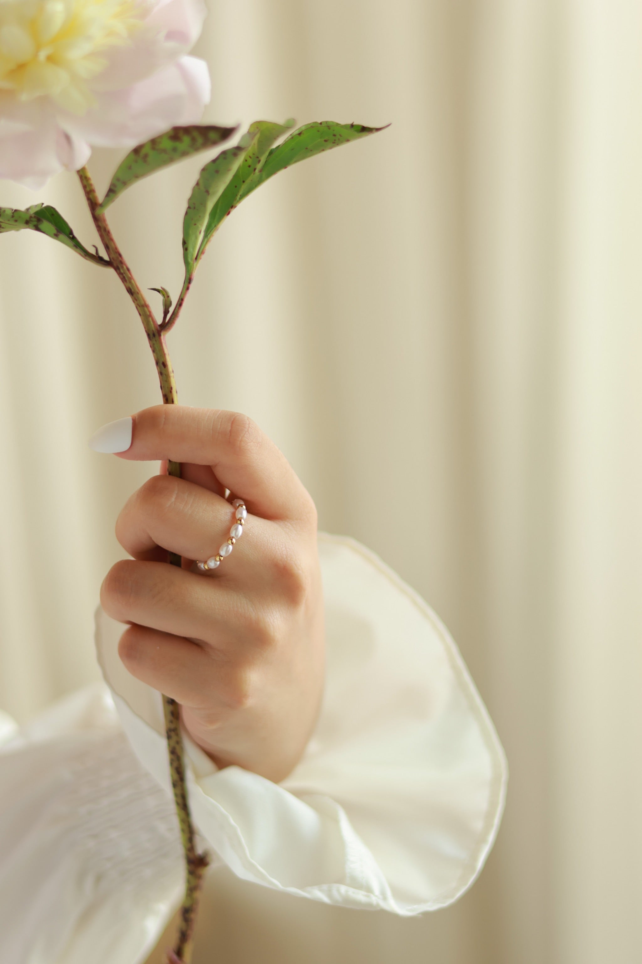 Dainty Gold Beaded Pearl Ring