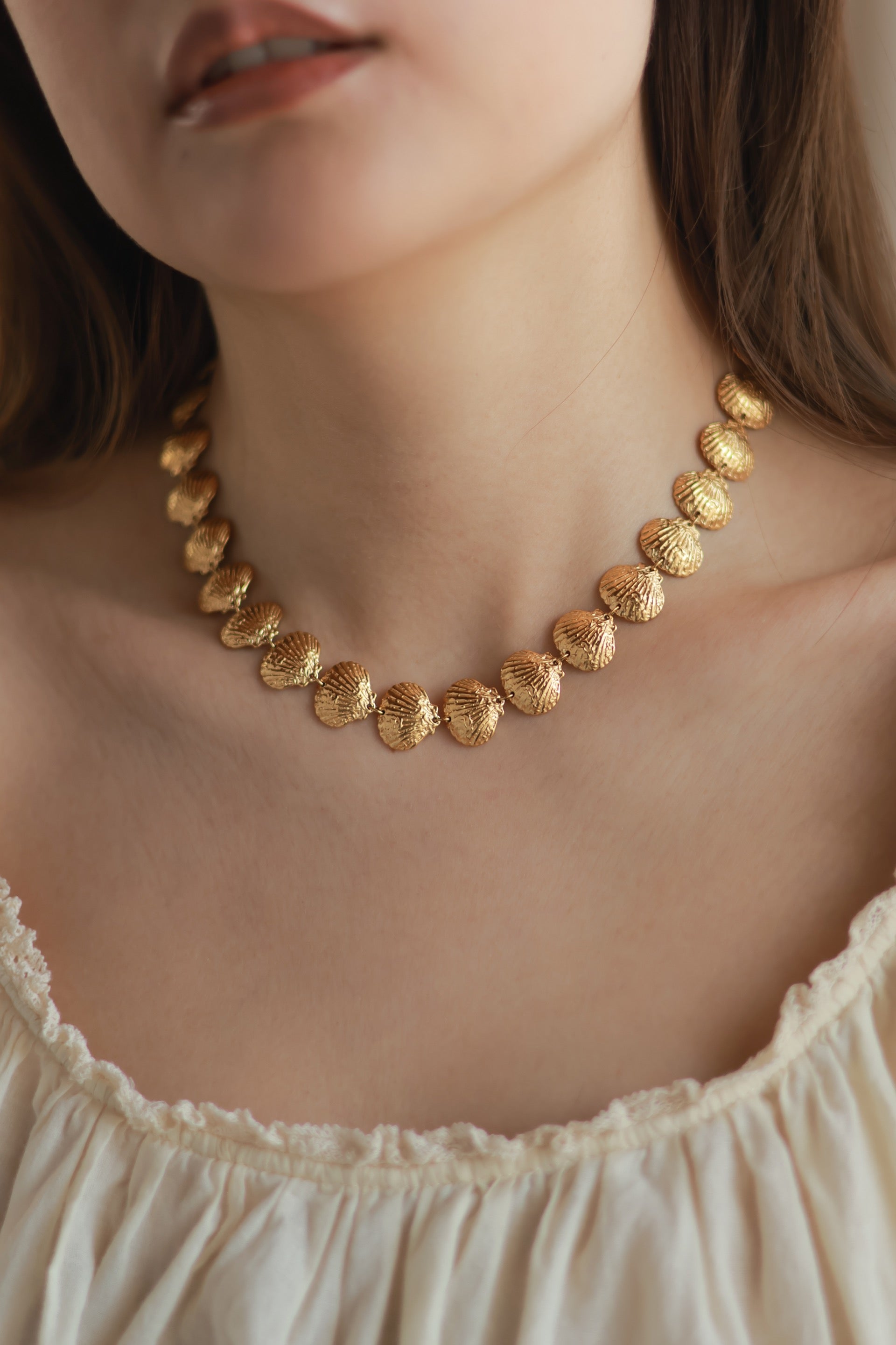 Antique Full Seashell Necklace, on model