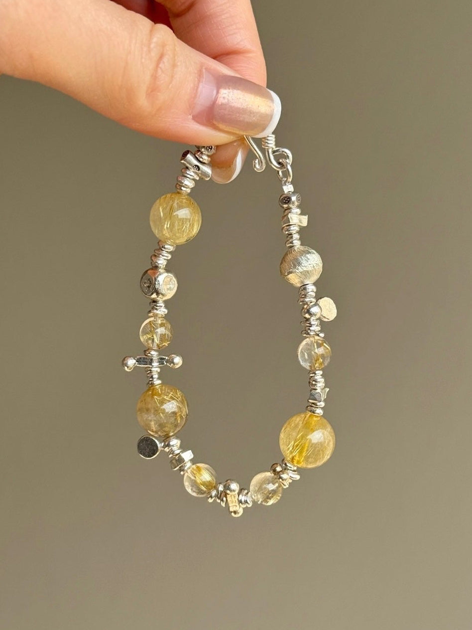 Gold Rutilated Quartz & 925 Sterling Silver Bracelet