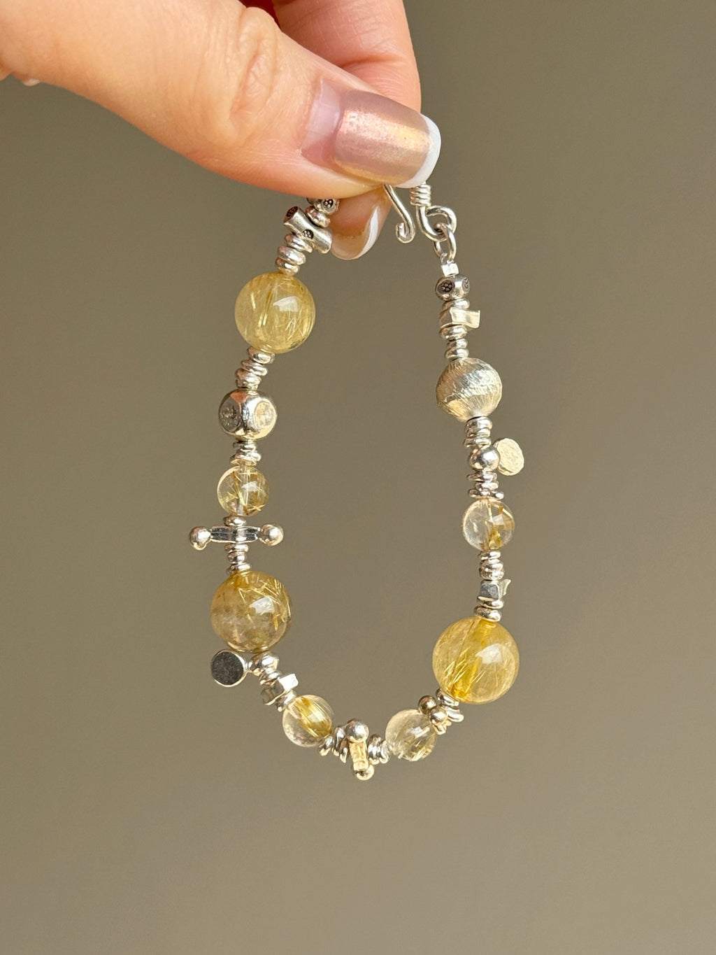 Gold Rutilated Quartz & 925 Sterling Silver Bracelet