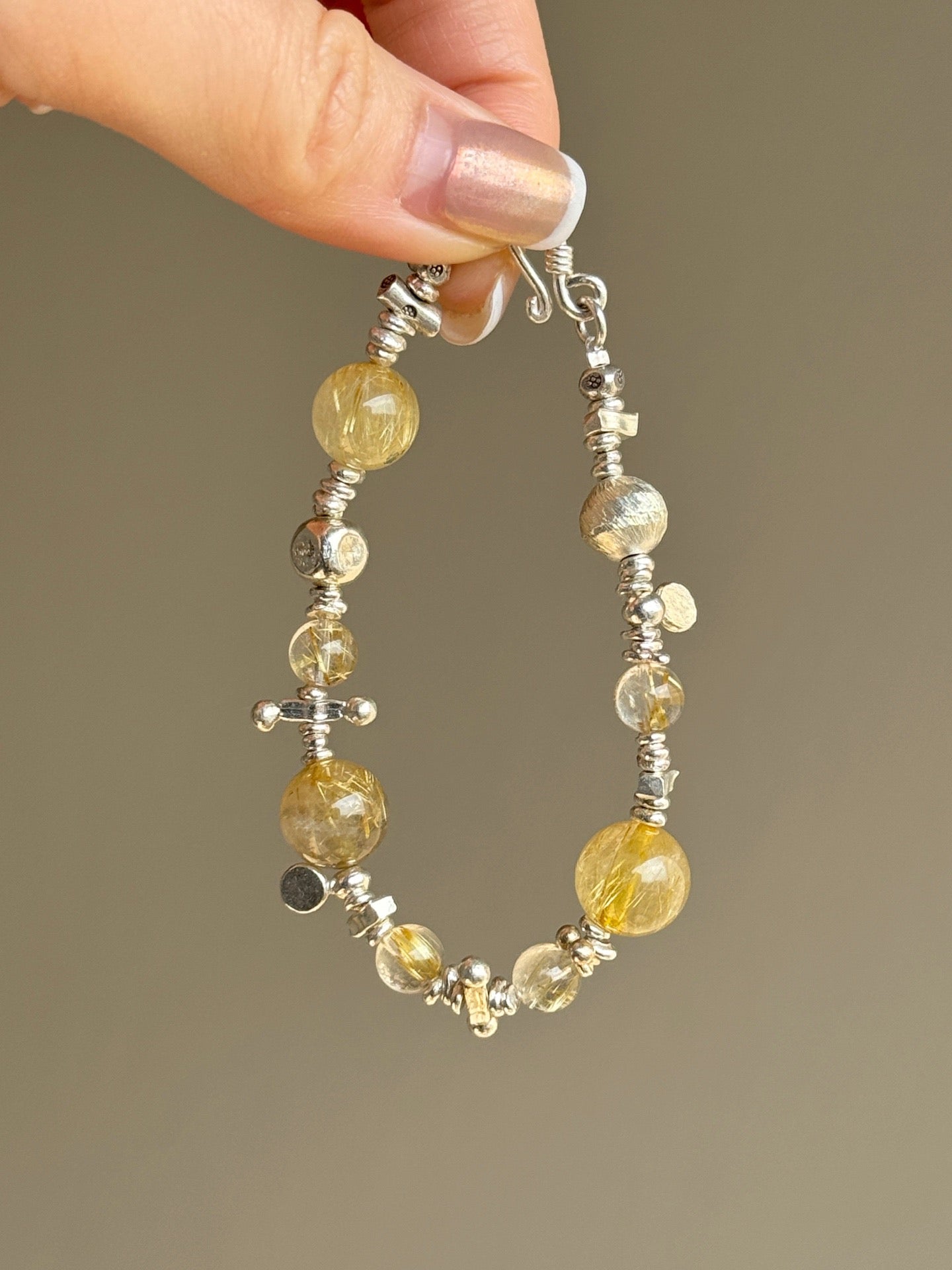 Gold Rutilated Quartz & 925 Sterling Silver Bracelet
