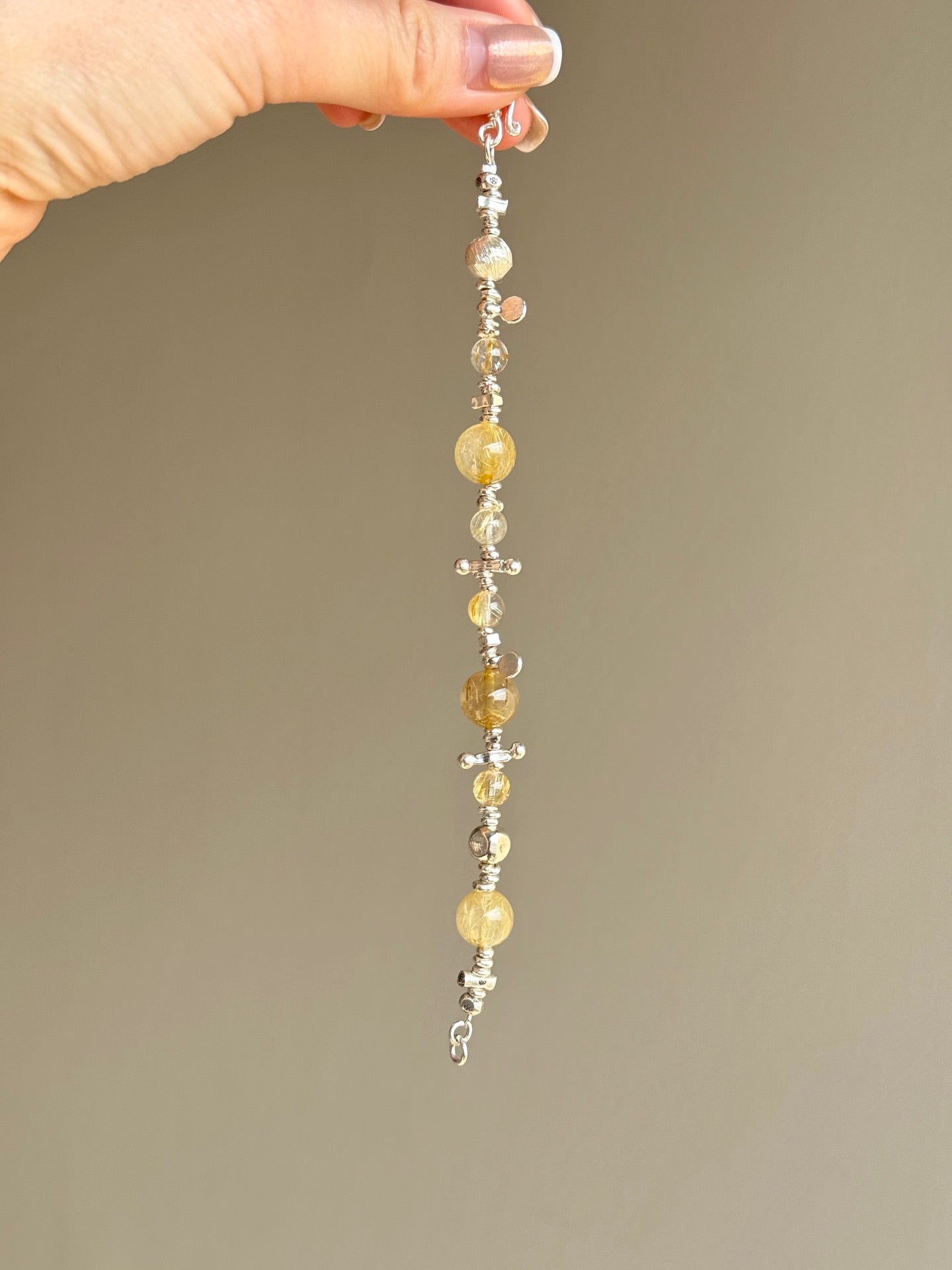 Gold Rutilated Quartz & 925 Sterling Silver Bracelet