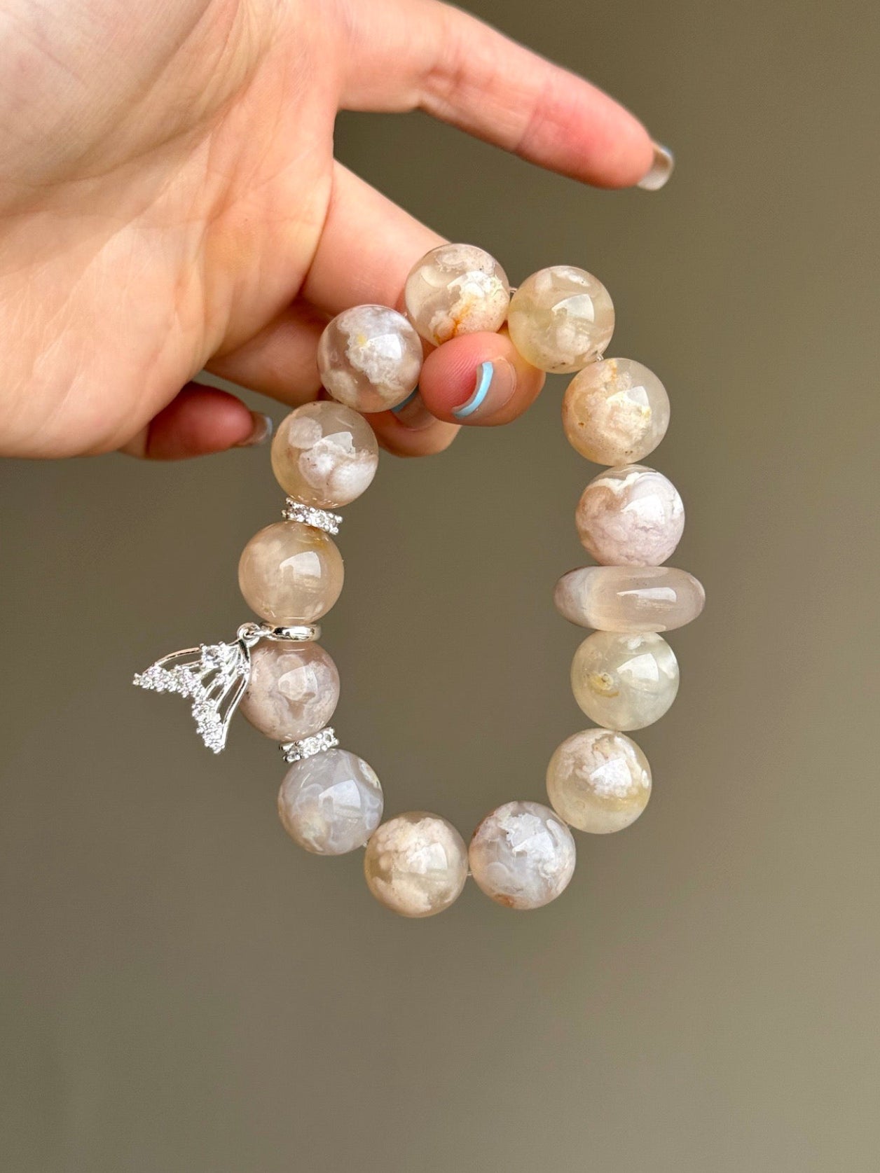 Flower Agate Bracelet with 925 Sterling Silver Mermaid Tail Charm