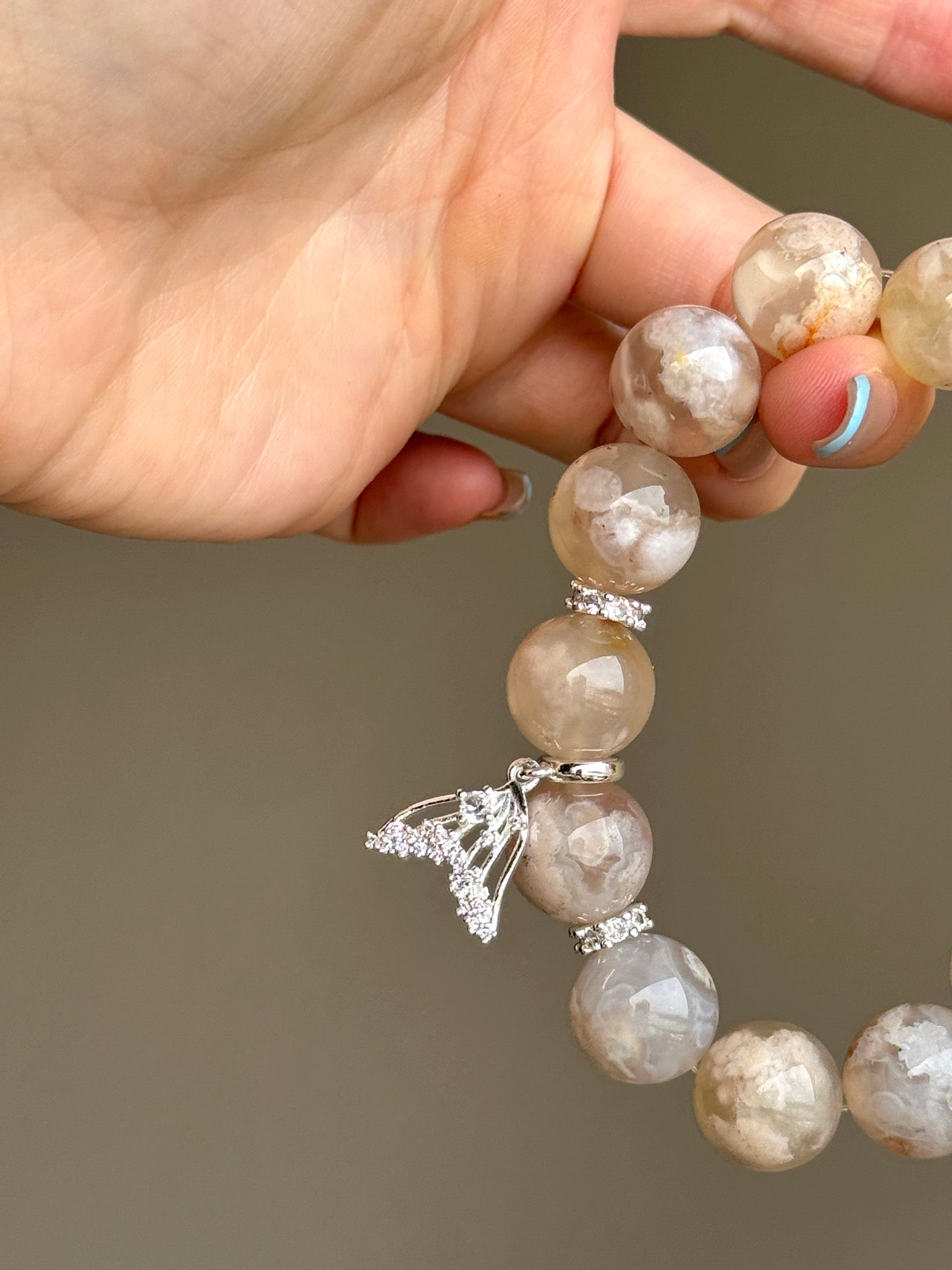Flower Agate Bracelet with 925 Sterling Silver Mermaid Tail Charm