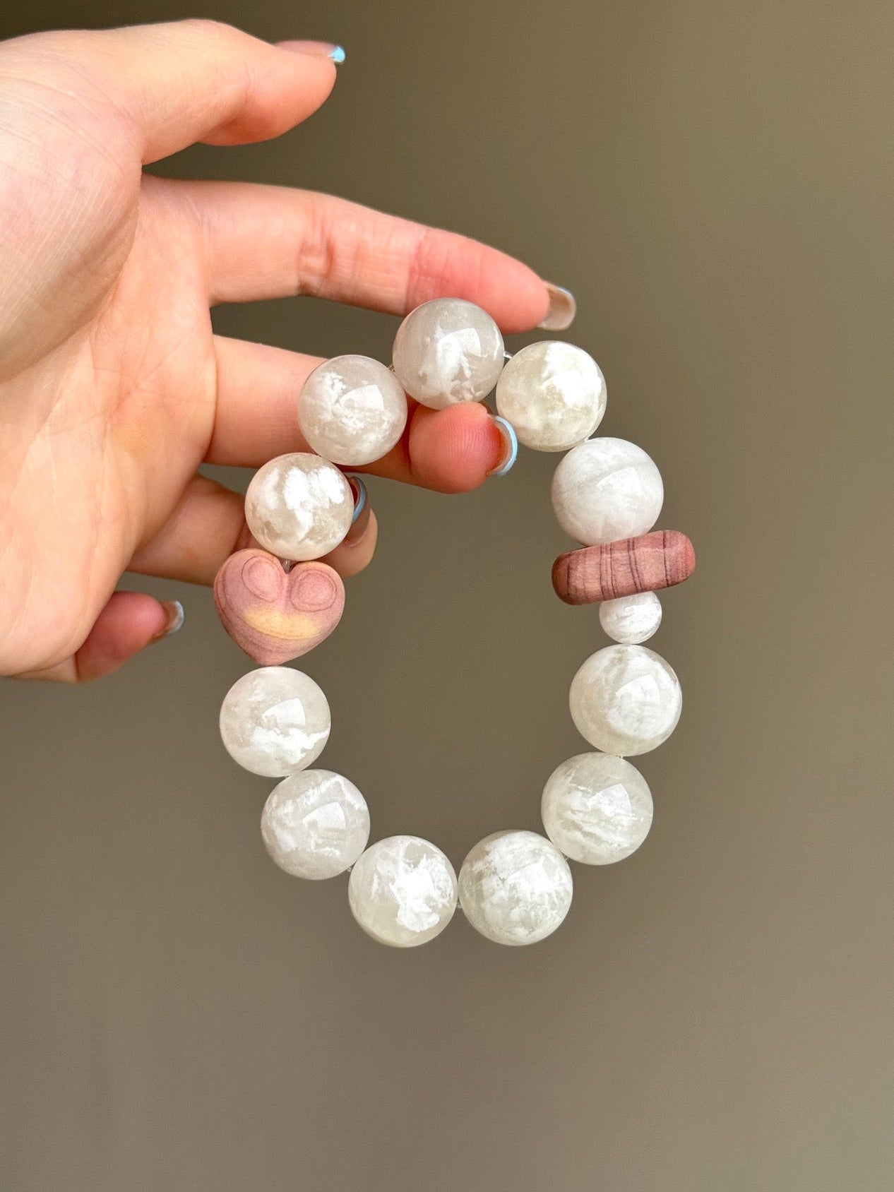 White Phantom Quartz Bracelet with Carved Wooden Heart Accent