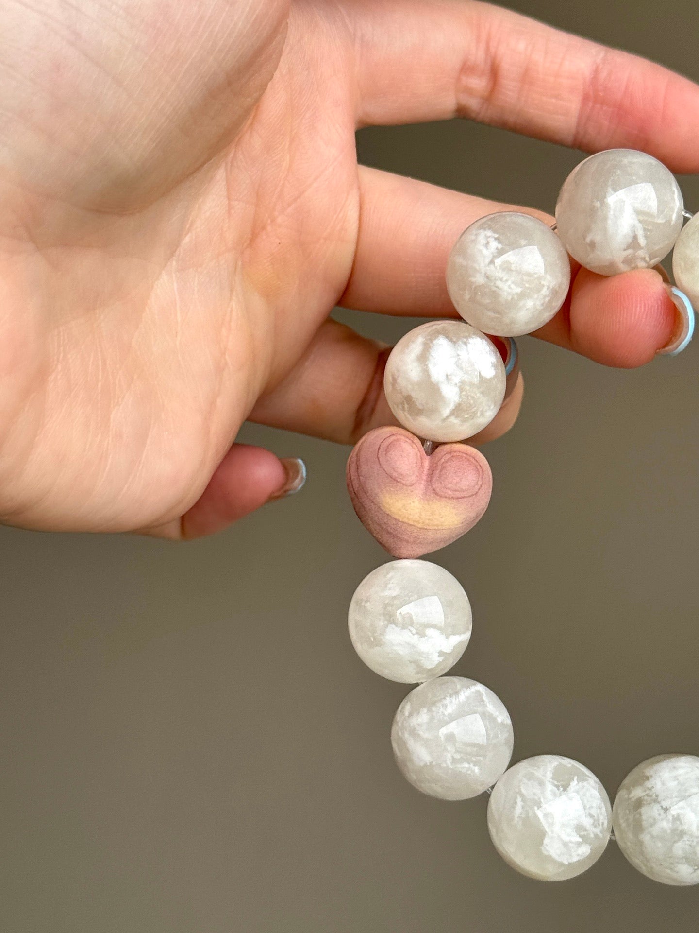 White Phantom Quartz Bracelet with Carved Wooden Heart Accent