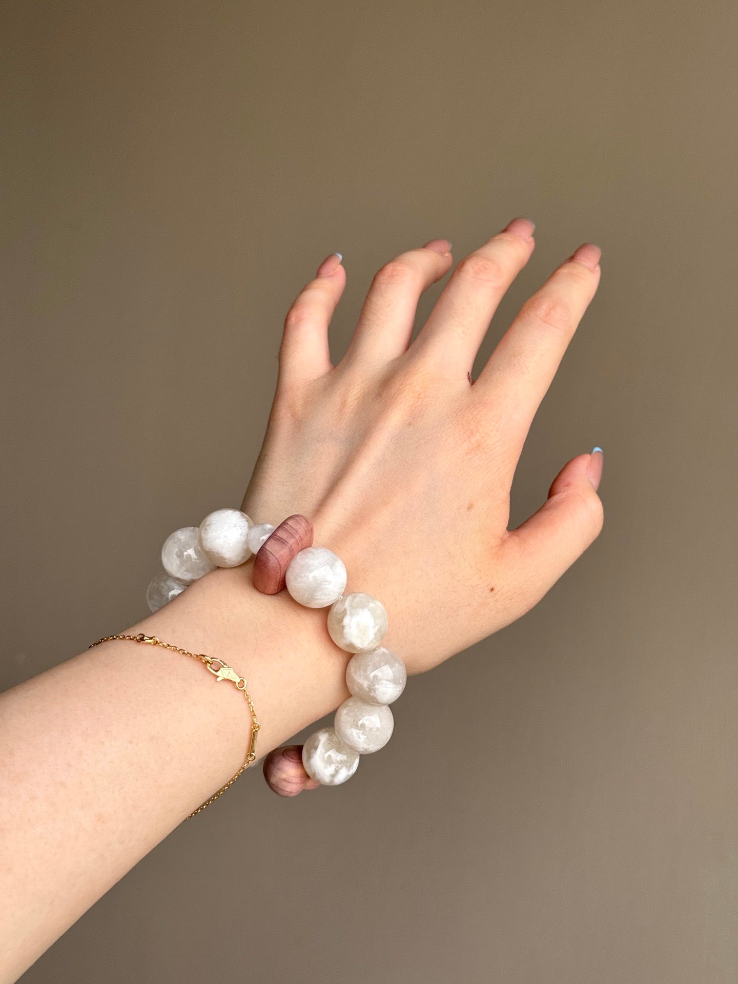 White Phantom Quartz Bracelet with Carved Wooden Heart Accent