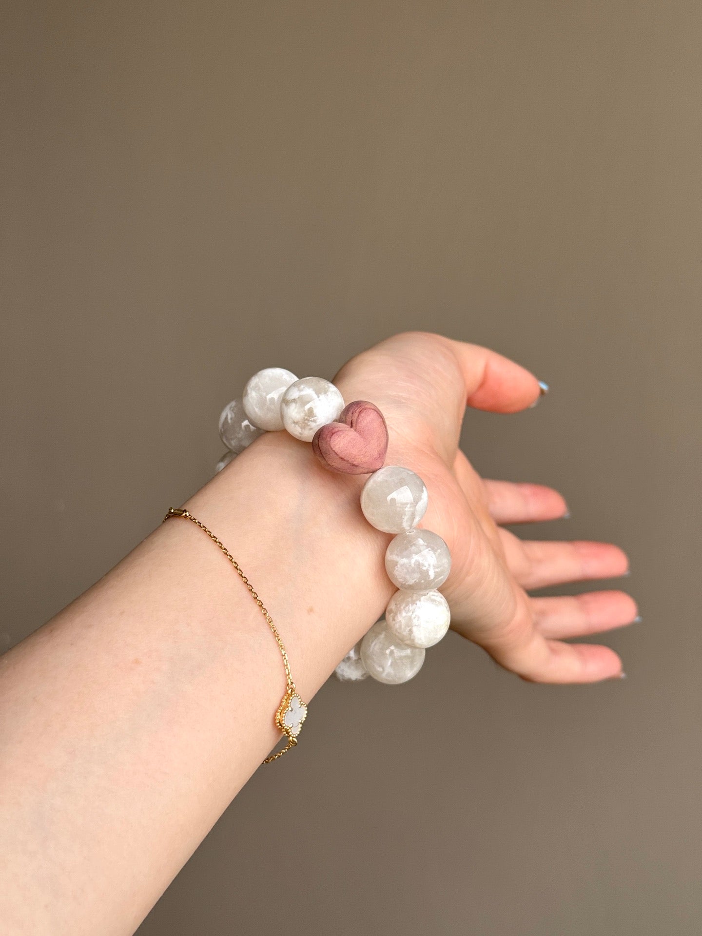 White Phantom Quartz Bracelet with Carved Wooden Heart Accent
