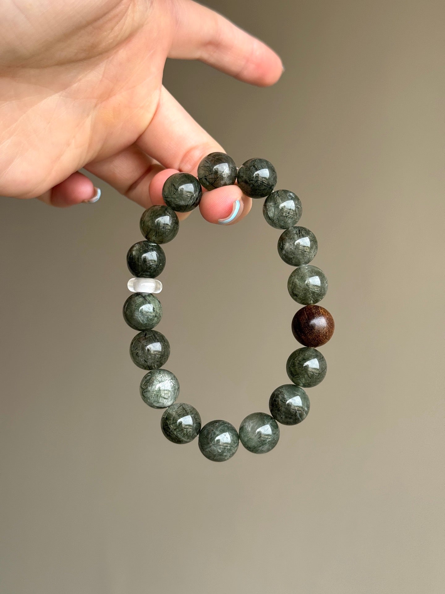 Green Rutilated Quartz & Agarwood Bead Bracelet