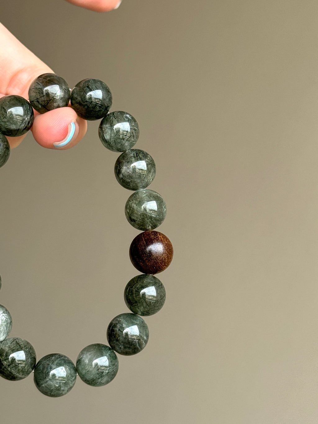 Green Rutilated Quartz & Agarwood Bead Bracelet