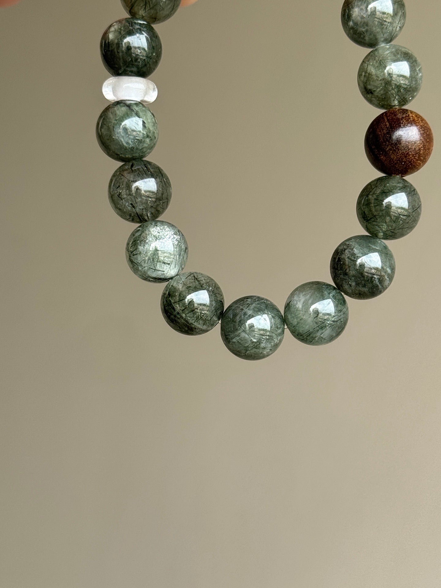 Green Rutilated Quartz & Agarwood Bead Bracelet