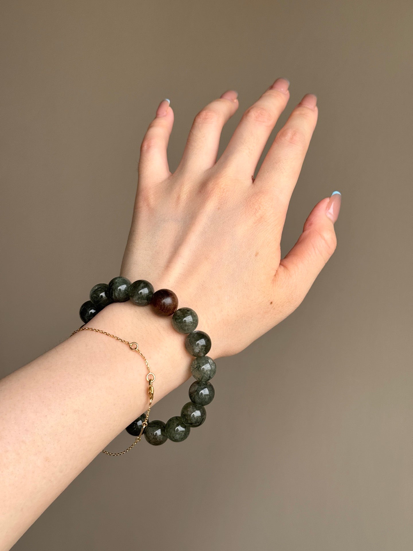 Green Rutilated Quartz & Agarwood Bead Bracelet