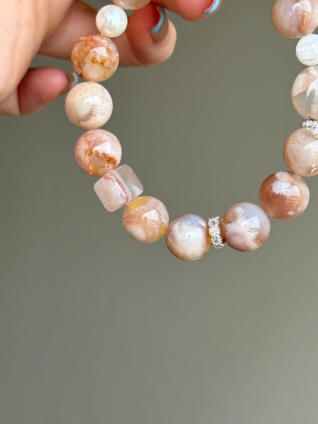 Flower Agate & White Phantom Quartz Bracelet with Cat Paw Carving