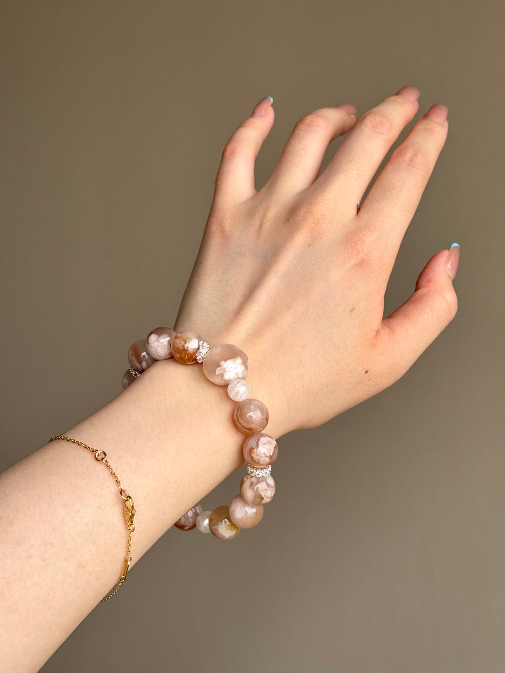 Flower Agate & White Phantom Quartz Bracelet with Cat Paw Carving