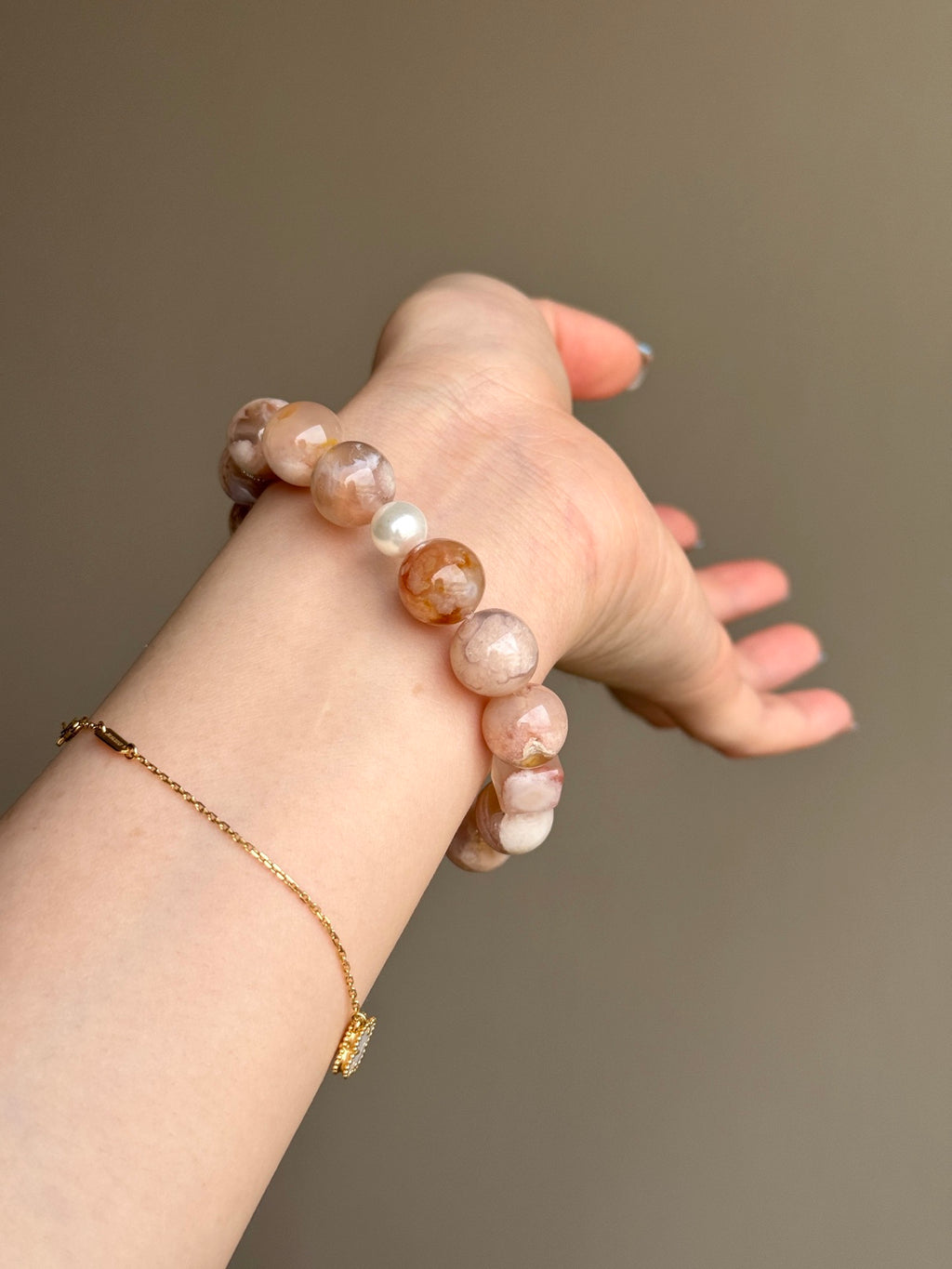 Flower Agate & White Phantom Quartz Bracelet with Cat Paw Carving