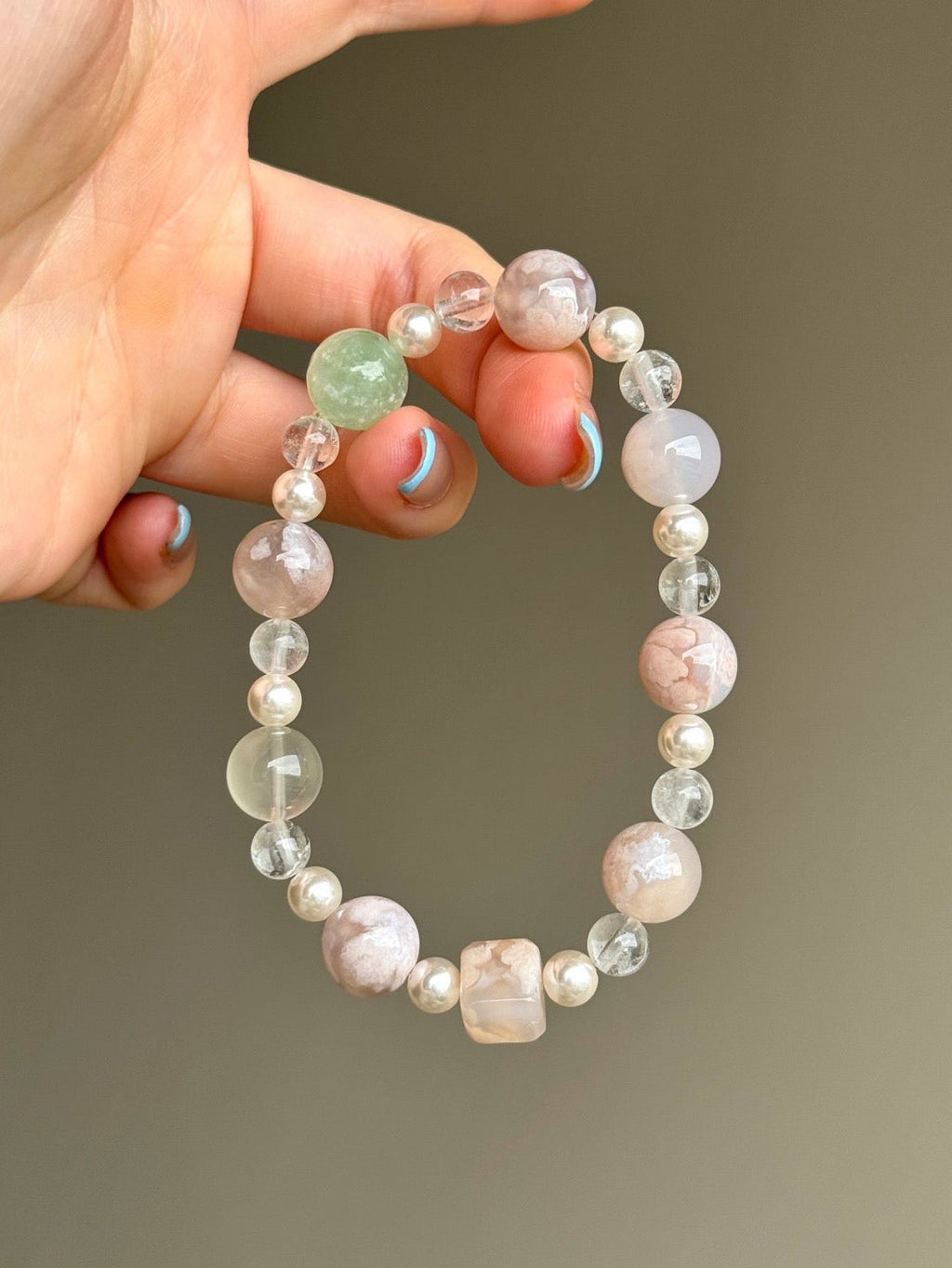 Cherry Blossom Agate, Clear Quartz, Pearl & Green Phantom Quartz Bracelet