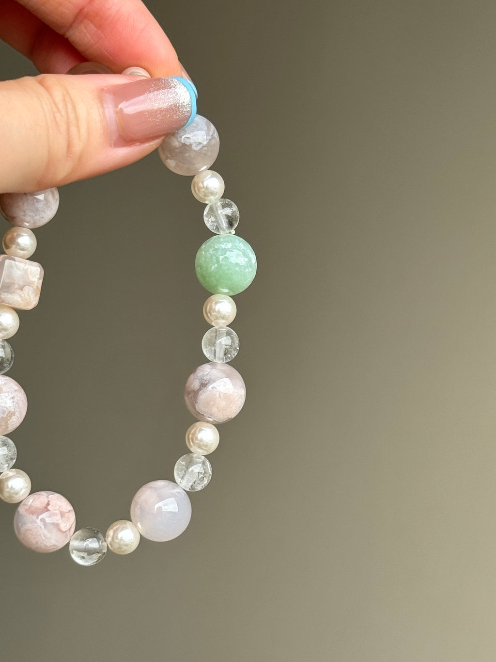 Cherry Blossom Agate, Clear Quartz, Pearl & Green Phantom Quartz Bracelet