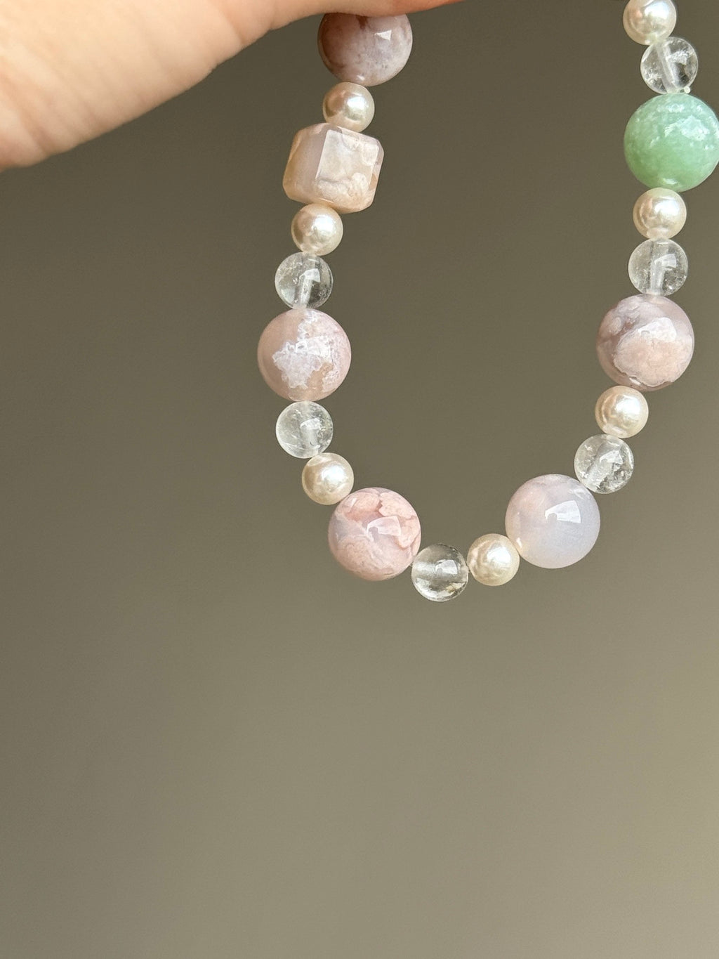 Cherry Blossom Agate, Clear Quartz, Pearl & Green Phantom Quartz Bracelet