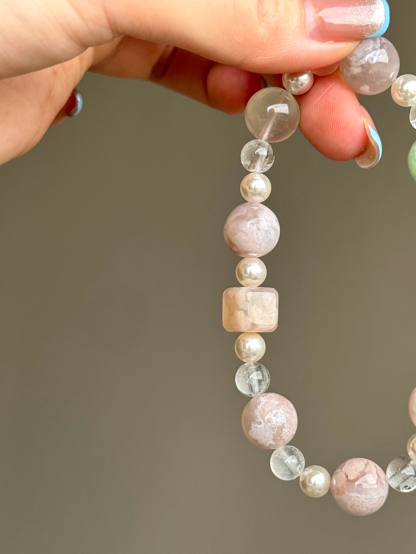 Cherry Blossom Agate, Clear Quartz, Pearl & Green Phantom Quartz Bracelet