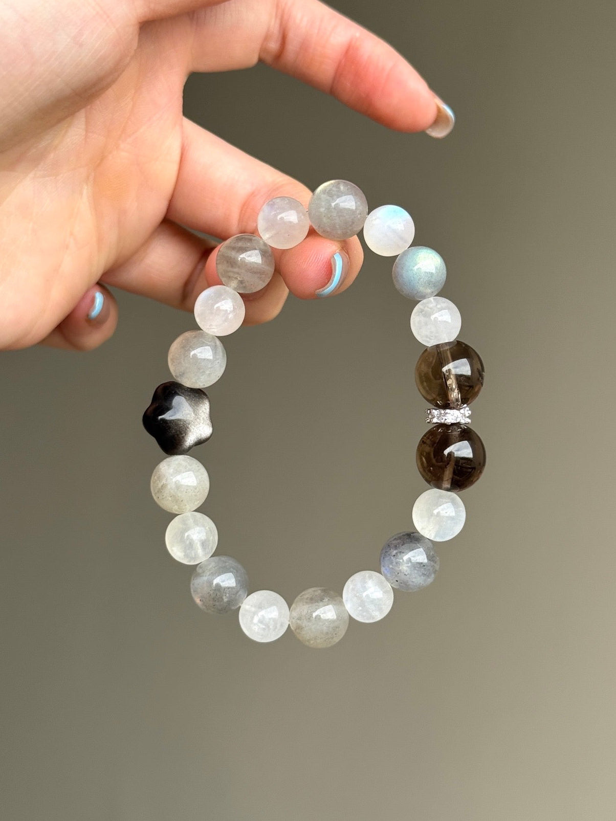 Moonstone, Silver Sheen Obsidian & Smoky Quartz Bracelet