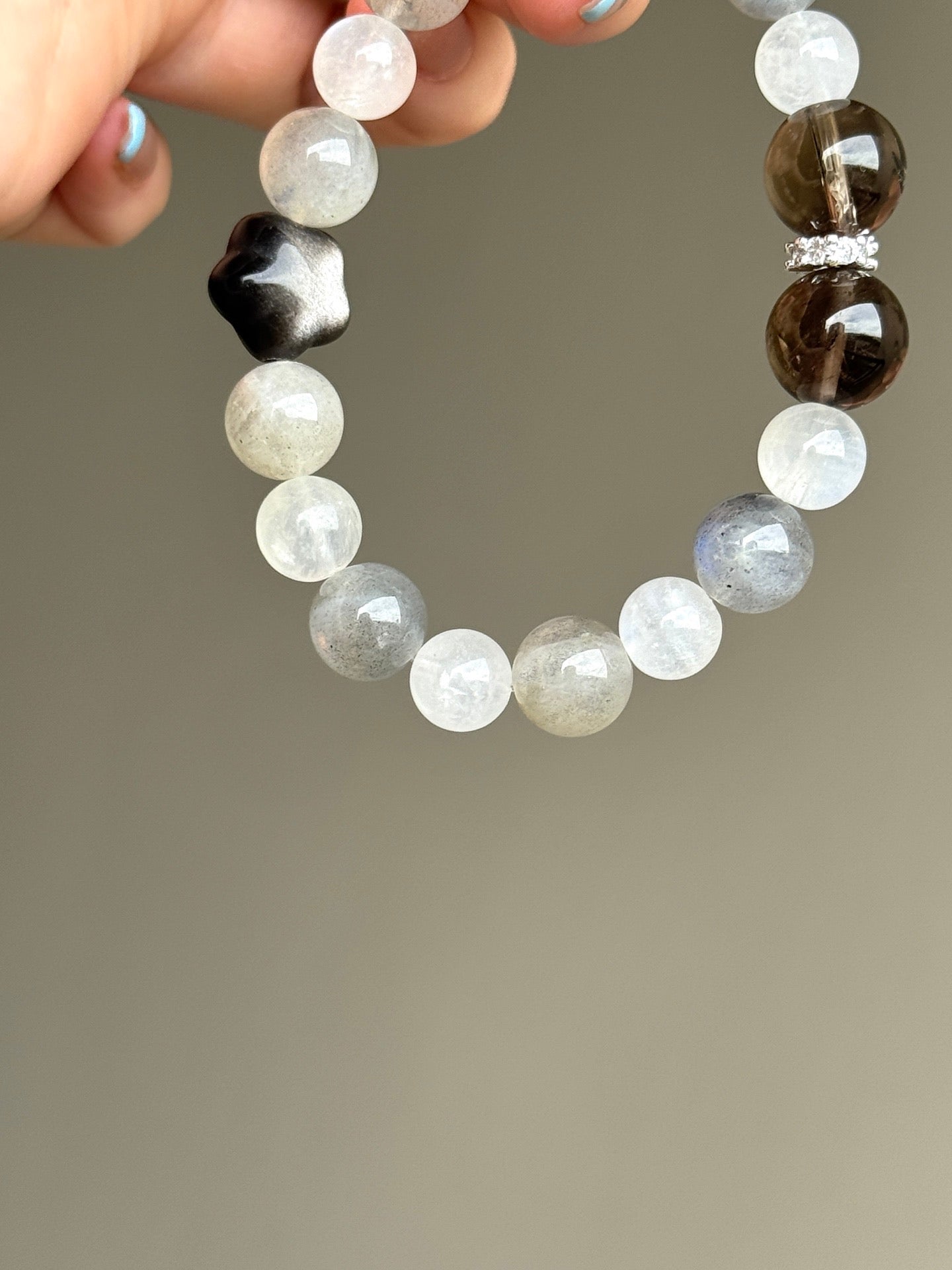 Moonstone, Silver Sheen Obsidian & Smoky Quartz Bracelet