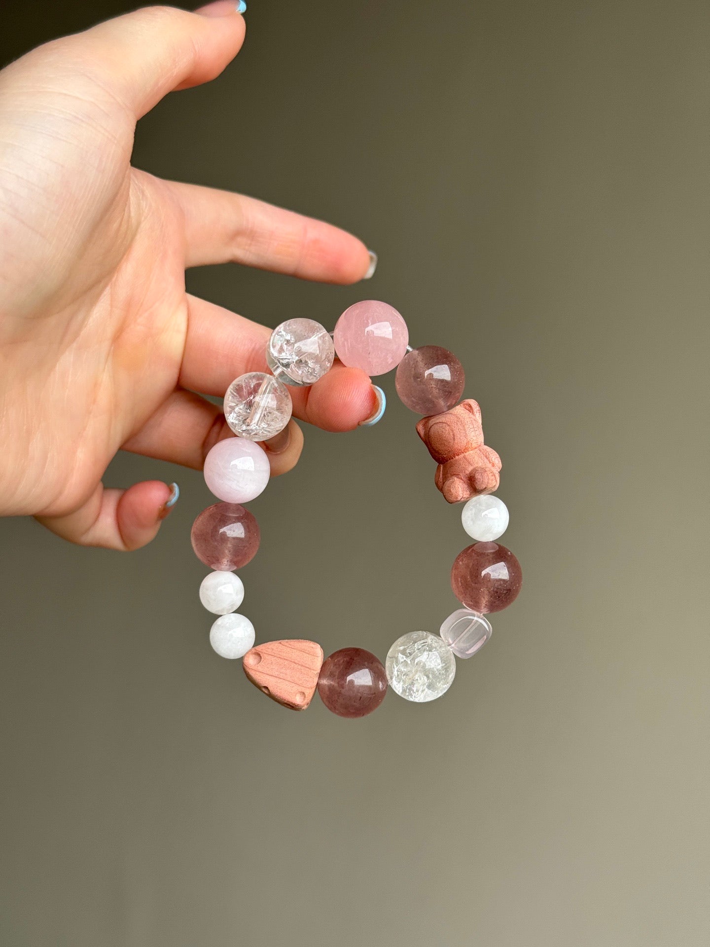 Strawberry Quartz, Rose Quartz & Clear Quartz Bracelet with Cat Charm