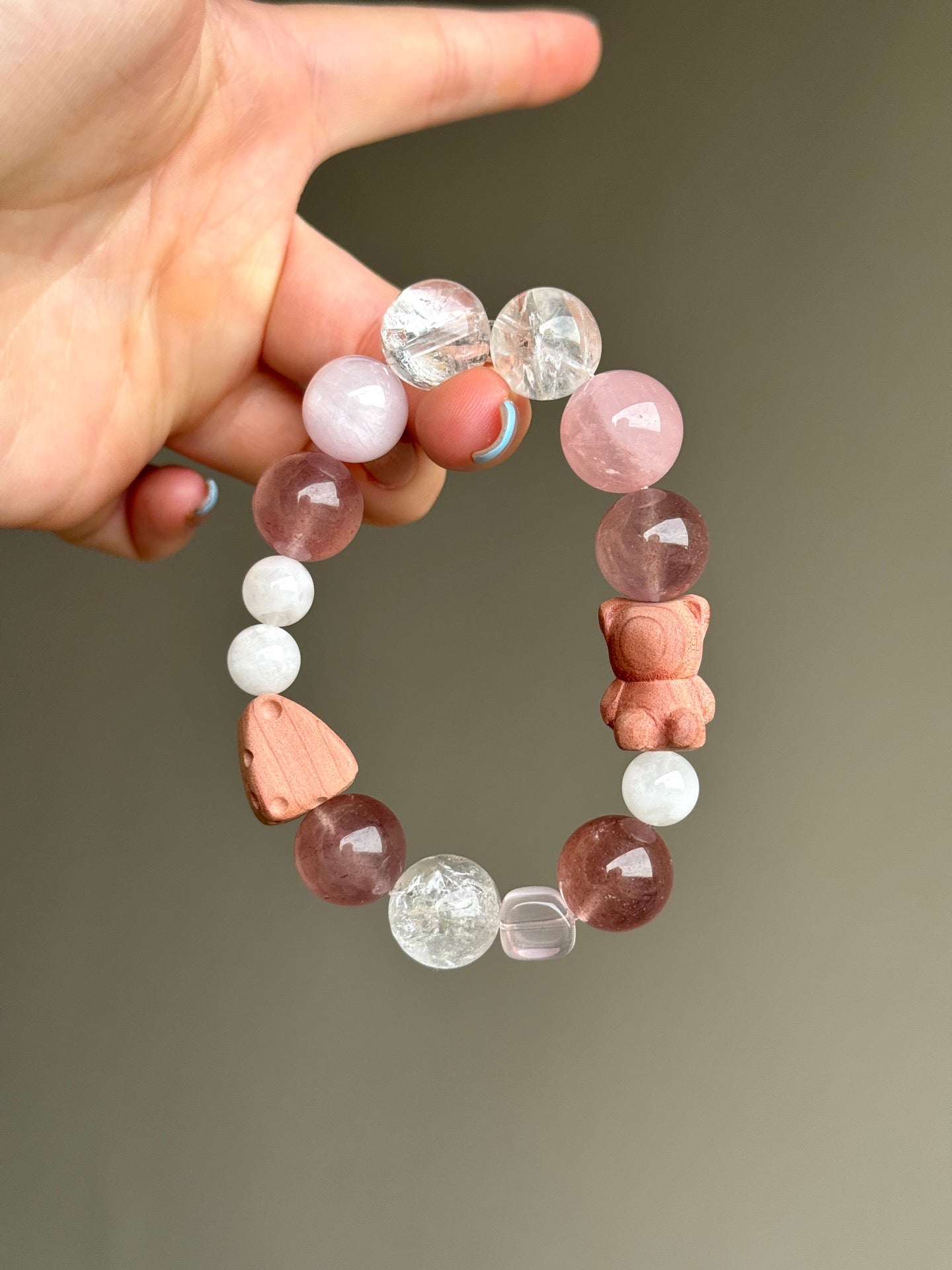 Strawberry Quartz, Rose Quartz & Clear Quartz Bracelet with Cat Charm