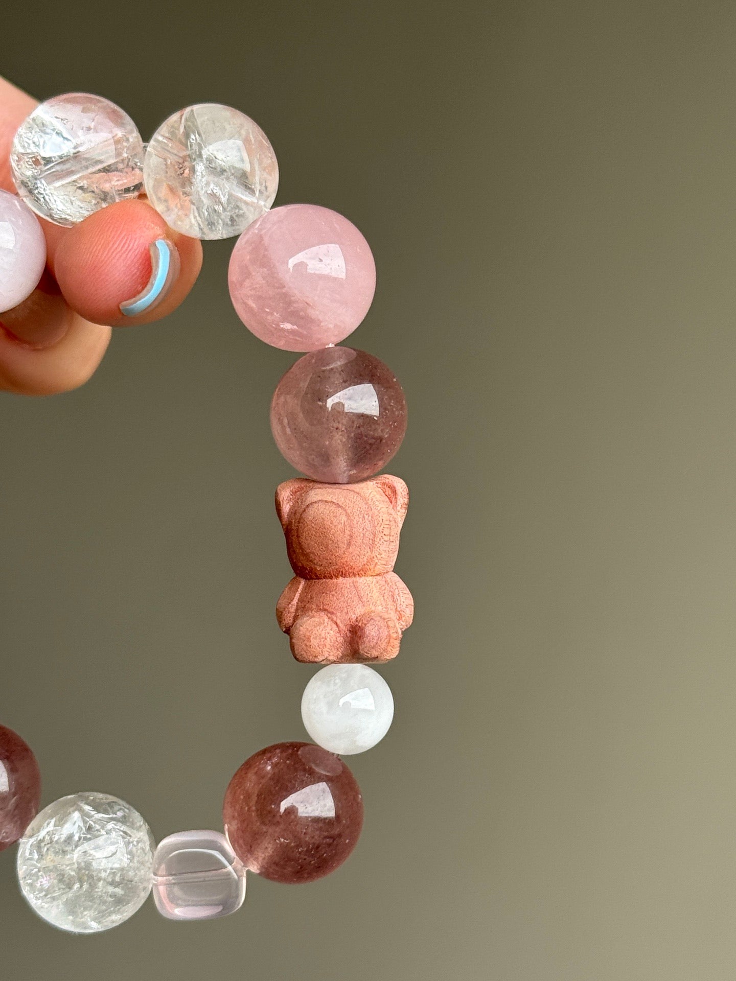 Strawberry Quartz, Rose Quartz & Clear Quartz Bracelet with Cat Charm