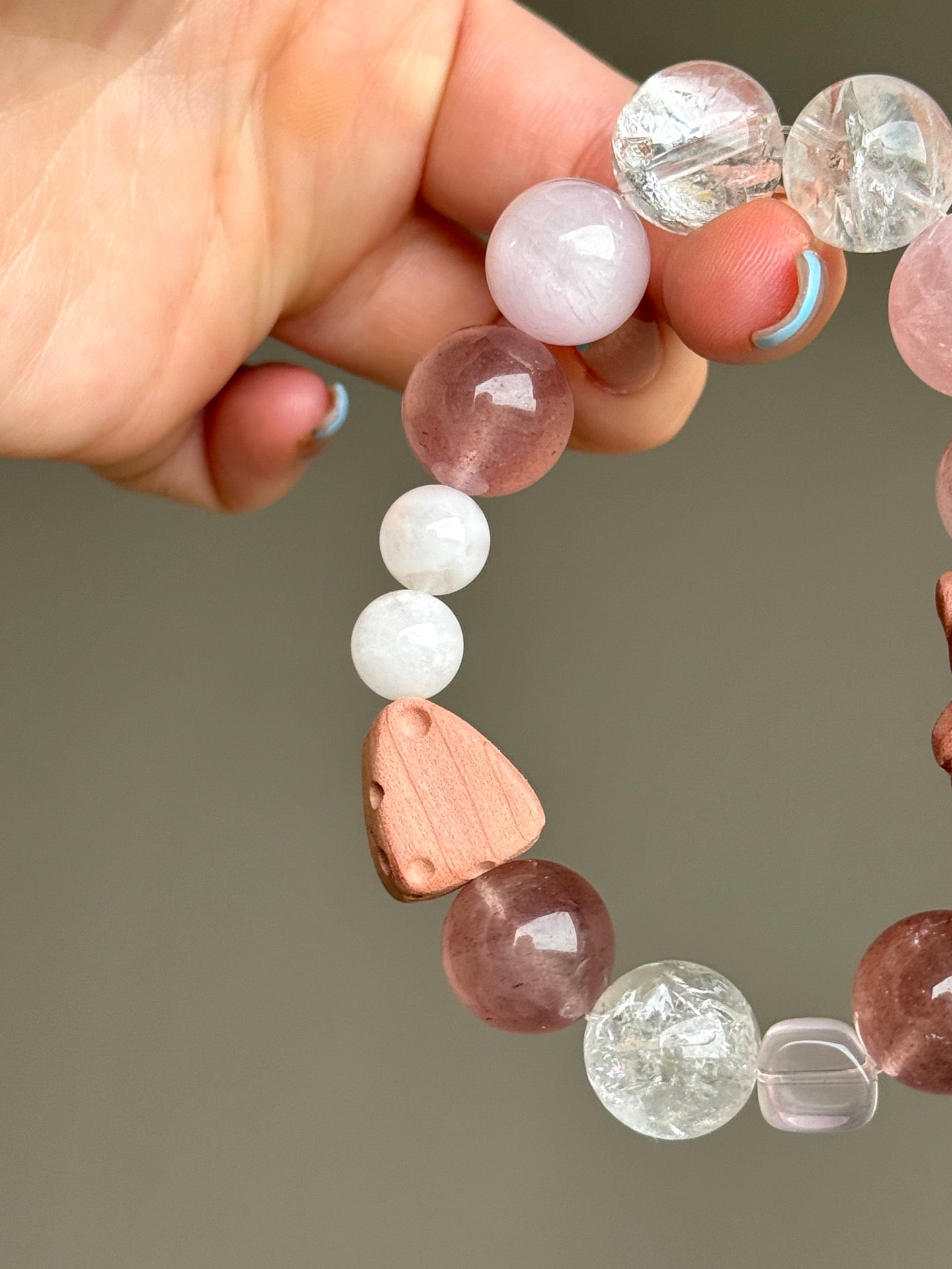 Strawberry Quartz, Rose Quartz & Clear Quartz Bracelet with Cat Charm