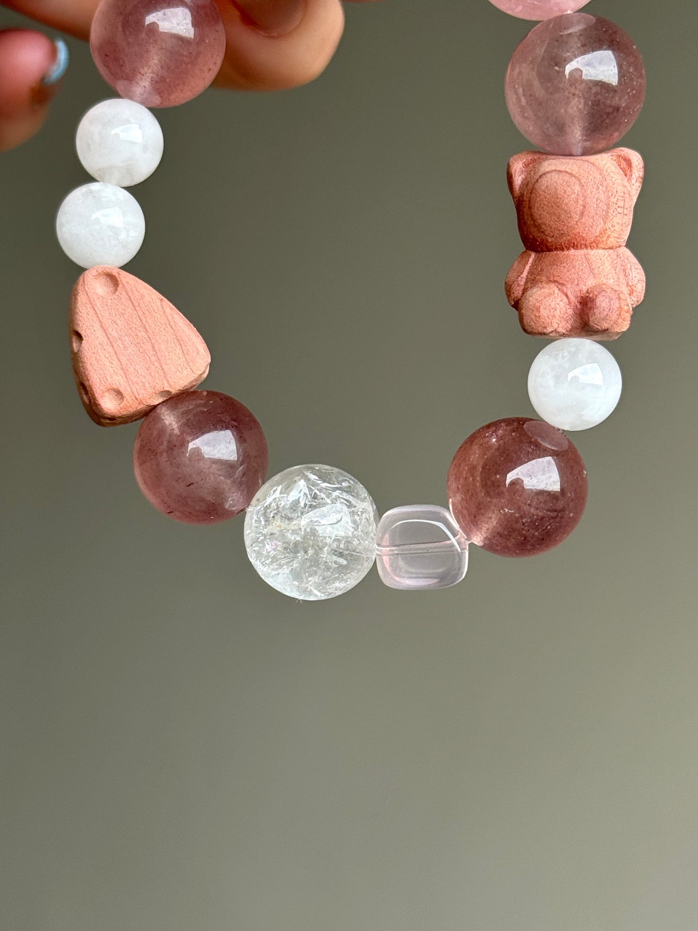 Strawberry Quartz, Rose Quartz & Clear Quartz Bracelet with Cat Charm