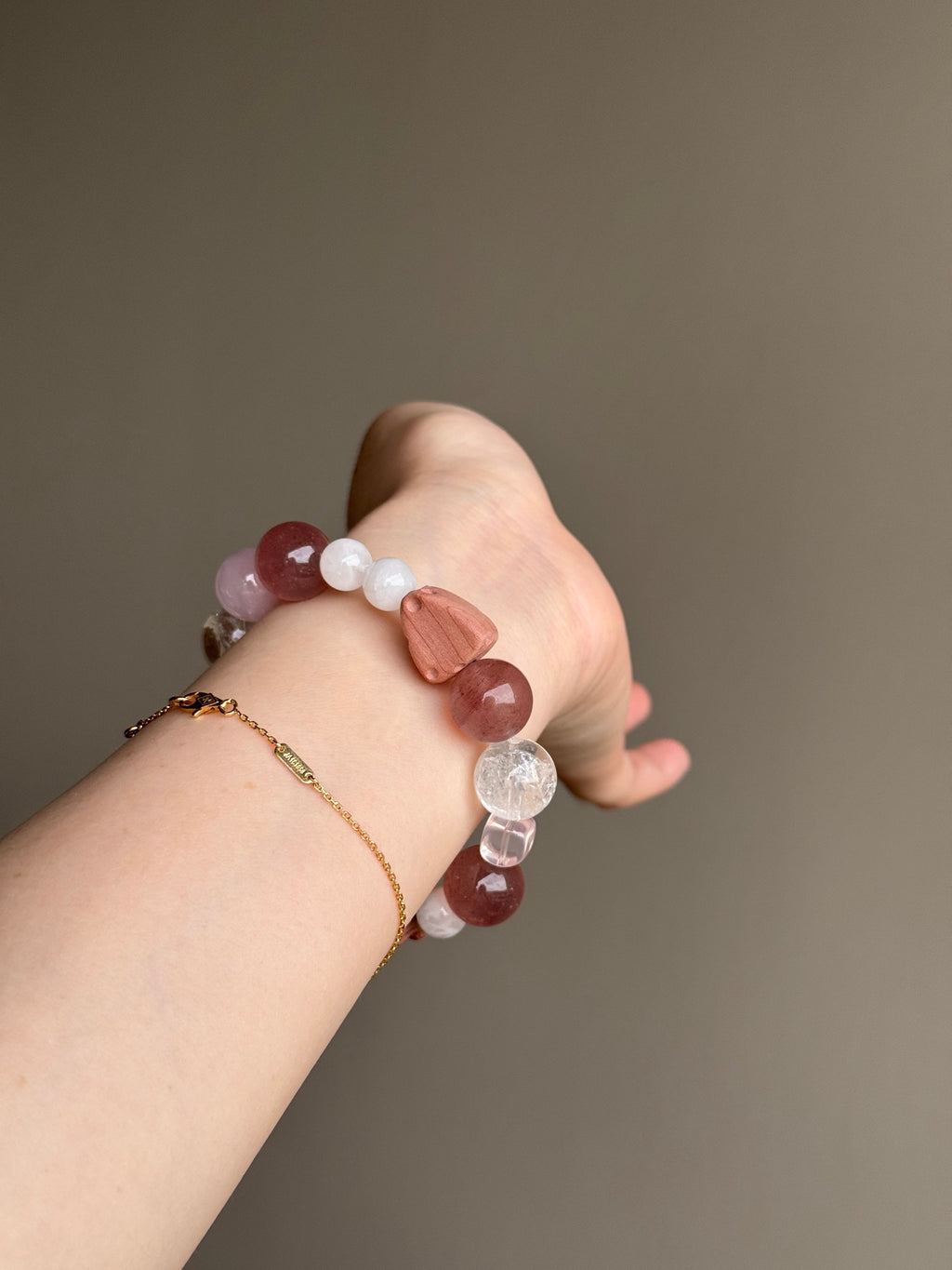 Strawberry Quartz, Rose Quartz & Clear Quartz Bracelet with Cat Charm