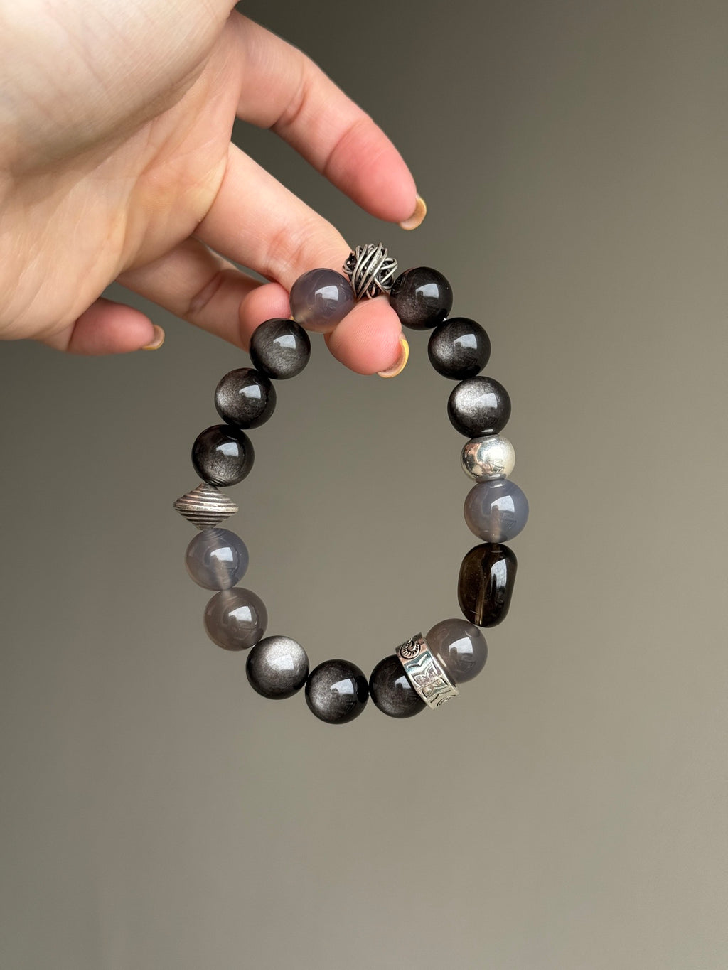 Silver Sheen Obsidian & Smoky Quartz Bracelet