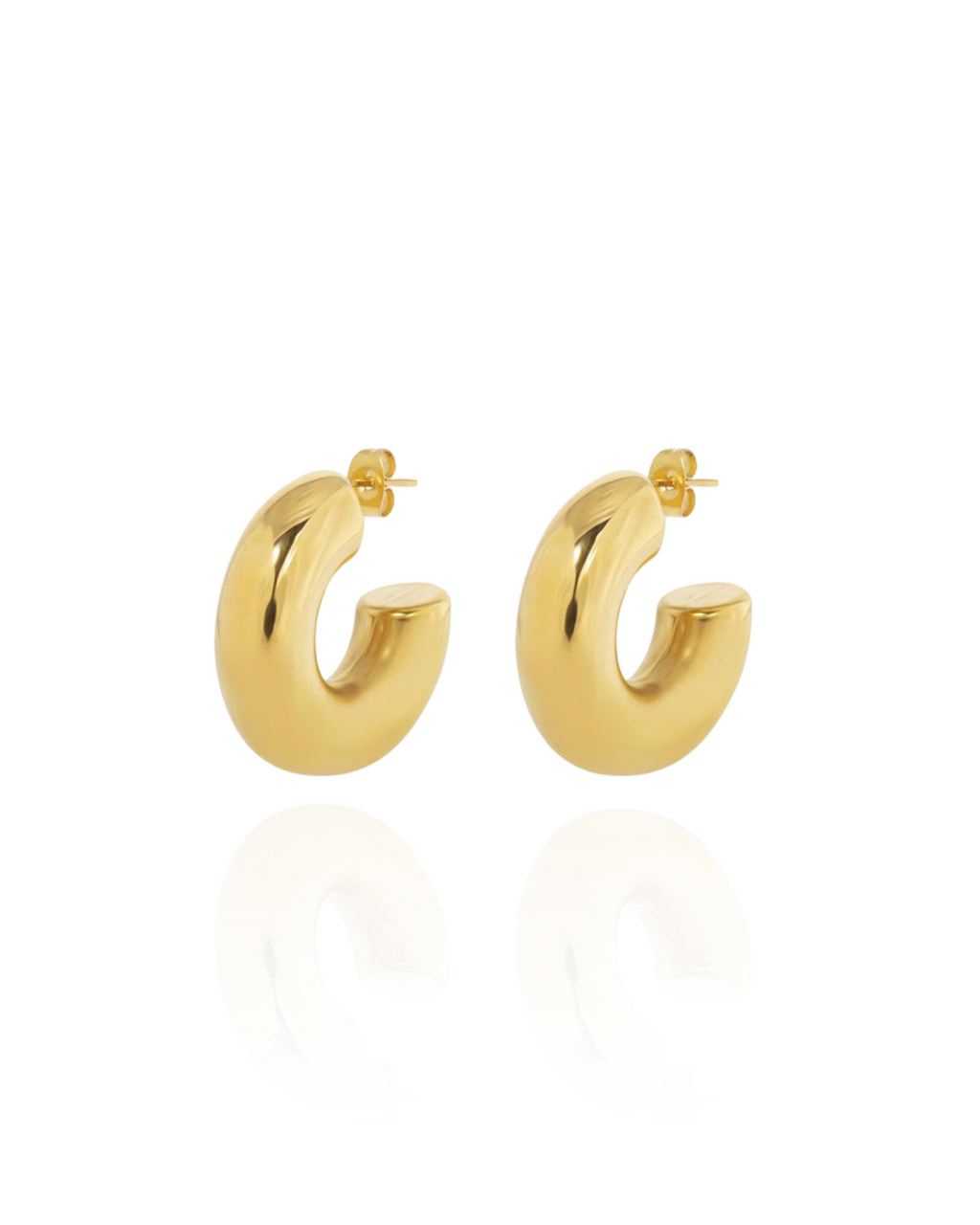Gold chunky hoop earrings with a glossy finish, designed as bold statement pieces for stylish accessorizing.