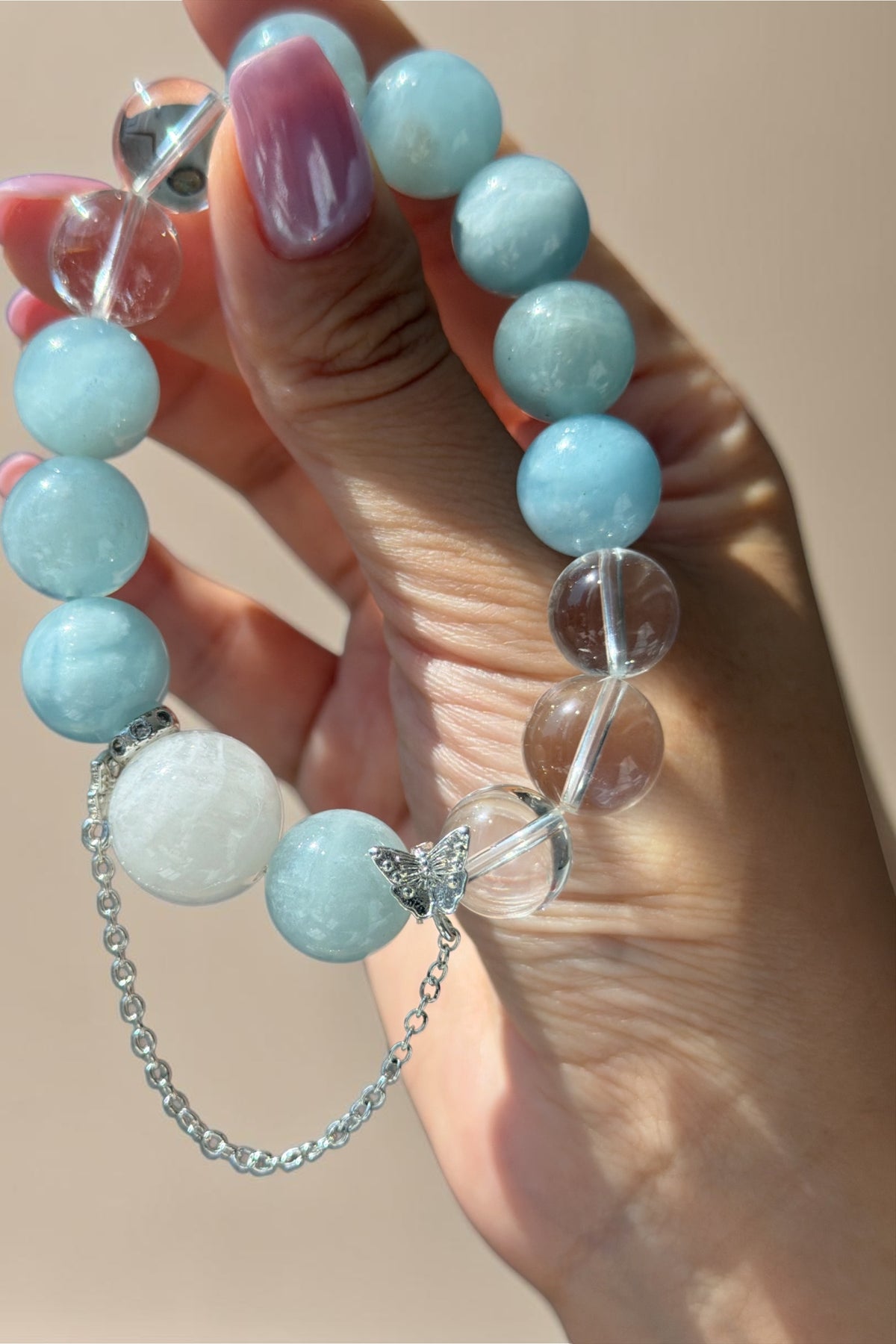 Aquamarine Crystal Bracelet with Clear Quartz & Chain