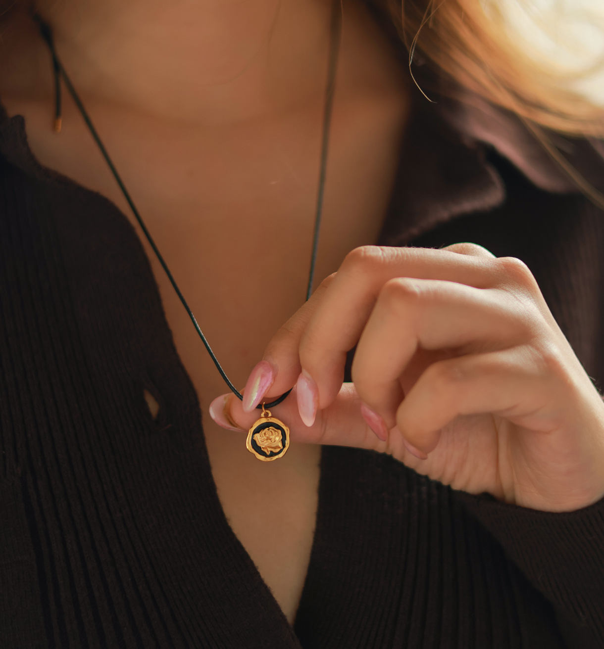 Black Rose & Leather Necklace