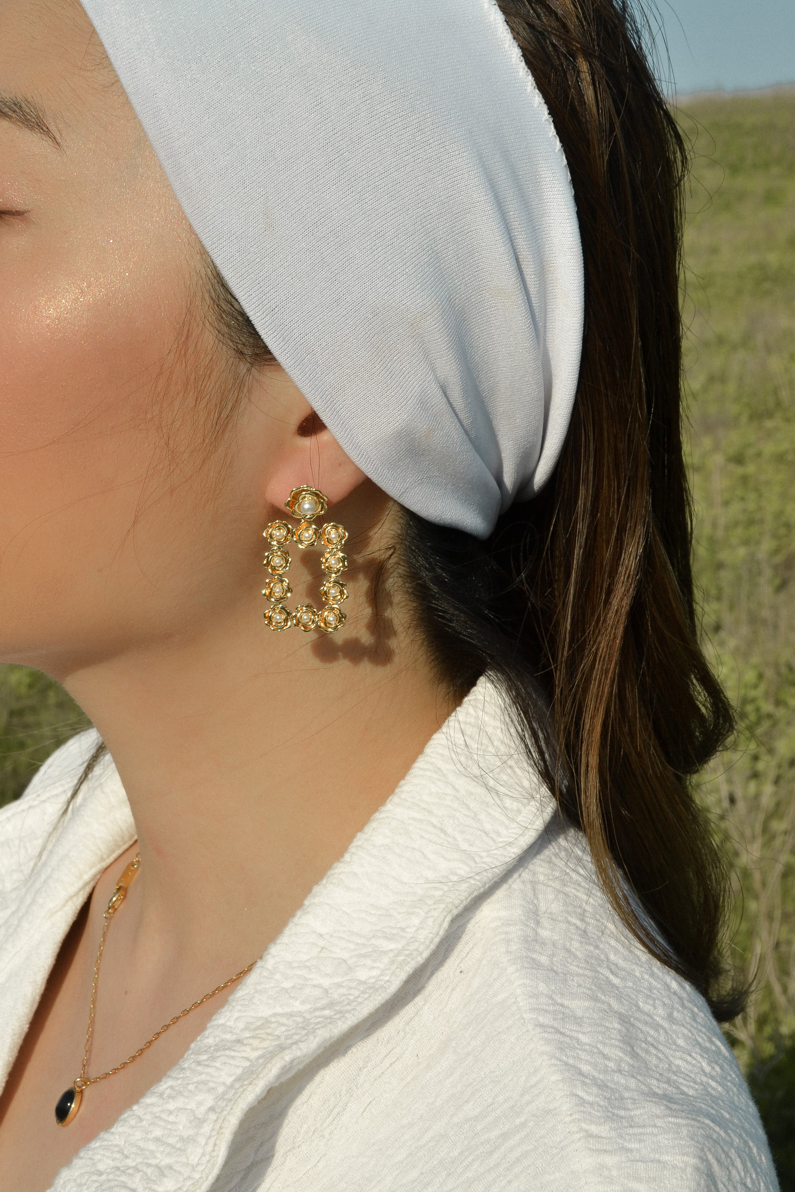 Floral Pearl Rectangle Earrings