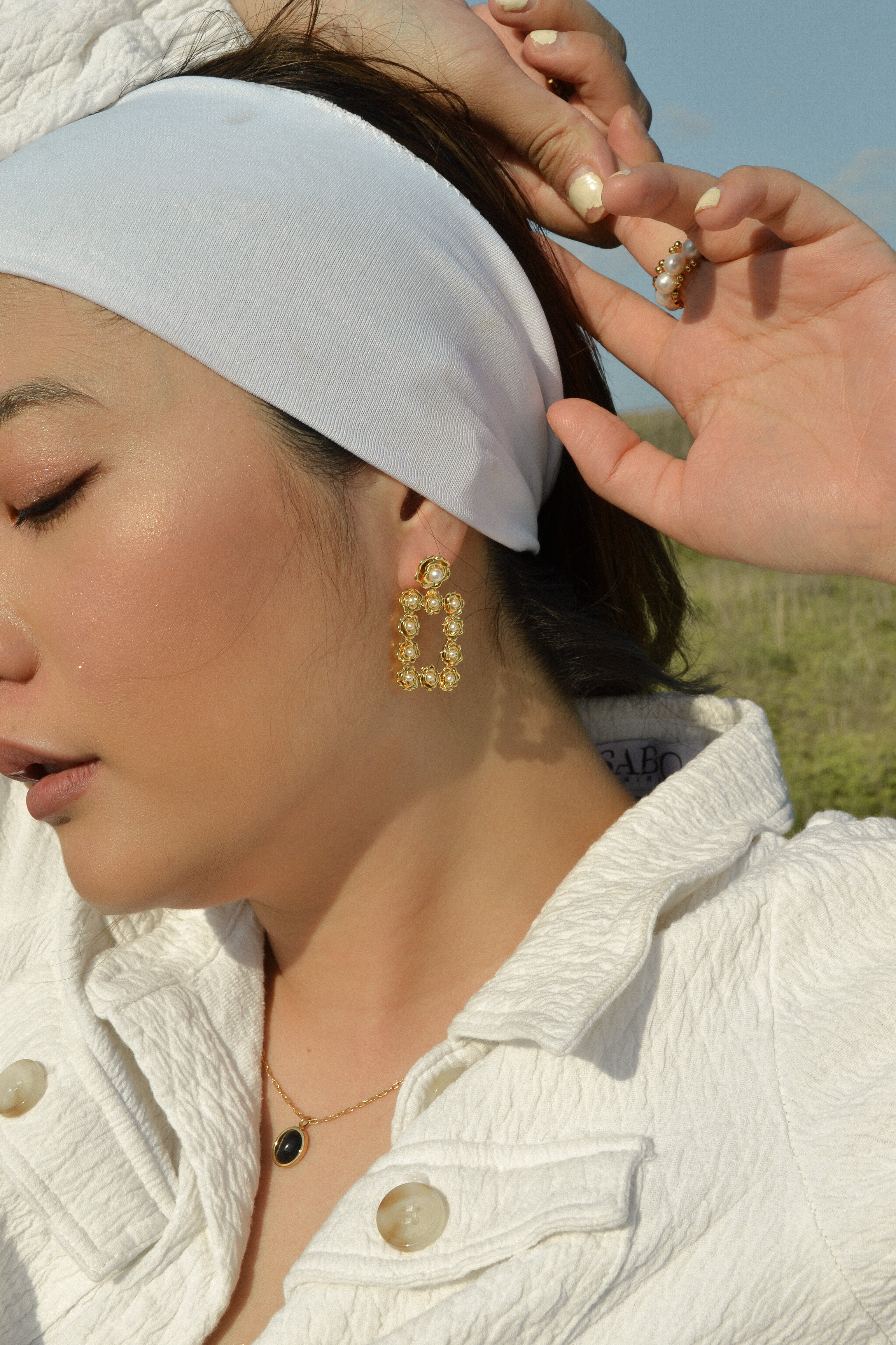 Floral Pearl Rectangle Earrings